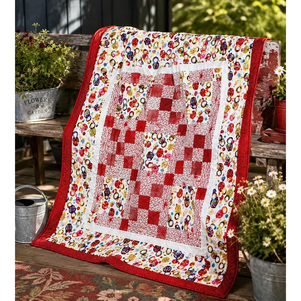 Handmade Matryoshka Russian Doll Patchwork Quilt Red White Novelty Throw Blanket